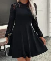 Kadın Uzun Kollu Dantelli Kloş Mini Ithal Krep Elbise