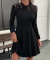 Kadın Uzun Kollu Dantelli Kloş Mini Ithal Krep Elbise