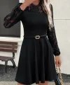 Kadın Uzun Kollu Dantelli Kloş Mini Ithal Krep Elbise