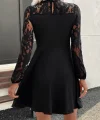 Kadın Uzun Kollu Dantelli Kloş Mini Ithal Krep Elbise