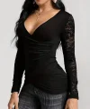 Kadın Uzun Kollu Dantelli Kruvaze Yakalı Yandan Büzgülü Viskon Bluz