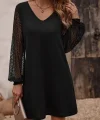 Kadın Uzun Kollu Dantelli V Yakalı Kısa Ithal Krep Elbise
