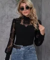 Kadın Uzun Kollu Dantelli Yarı Balıkçı Yaka Viskon Bluz
