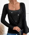 Kadın Uzun Kollu Derin Degaje Yakalı Taşlı Sandy Bluz