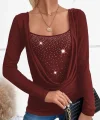 Kadın Uzun Kollu Derin Degaje Yakalı Taşlı Sandy Bluz