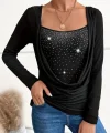 Kadın Uzun Kollu Derin Degaje Yakalı Taşlı Sandy Bluz