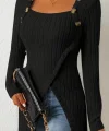Kadın Uzun Kollu Derin Kare Yaka Düğme Detay şardonlu Kaşkorse Kruvaze Bluz