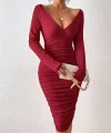 Kadın Uzun Kollu Derin Kruvaze Yakalı Büzgülü Sandy Midi Elbise