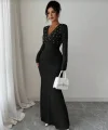 Kadın Uzun Kollu Derin V Yaka Inci Detay Maxi Boy Elbise