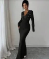 Kadın Uzun Kollu Derin V Yaka Inci Detay Maxi Boy Elbise