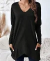 Kadın Uzun Kollu Derin V Yakalı Asimetrik Kesim Cepli Detay Yün Viskon Iki Iplik Bluz