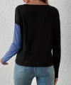 Kadın Uzun Kollu Derin V Yakalı Blok Renkli Viskon Bluz