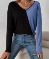Kadın Uzun Kollu Derin V Yakalı Blok Renkli Viskon Bluz