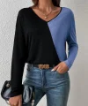 Kadın Uzun Kollu Derin V Yakalı Blok Renkli Viskon Bluz