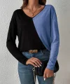 Kadın Uzun Kollu Derin V Yakalı Blok Renkli Viskon Bluz