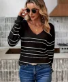 Kadın Uzun Kollu Derin V Yakalı çizgi Desenli Triko Bluz
