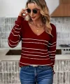 Kadın Uzun Kollu Derin V Yakalı çizgi Desenli Triko Bluz