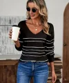 Kadın Uzun Kollu Derin V Yakalı çizgi Desenli Triko Bluz