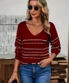 Kadın Uzun Kollu Derin V Yakalı çizgi Desenli Triko Bluz