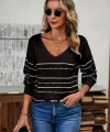 Kadın Uzun Kollu Derin V Yakalı çizgi Desenli Triko Bluz