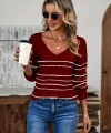 Kadın Uzun Kollu Derin V Yakalı çizgi Desenli Triko Bluz