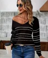 Kadın Uzun Kollu Derin V Yakalı çizgi Desenli Triko Bluz