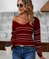 Kadın Uzun Kollu Derin V Yakalı çizgi Desenli Triko Bluz