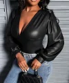 Kadın Uzun Kollu Derin V Yakalı Deri Zıbın