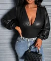 Kadın Uzun Kollu Derin V Yakalı Deri Zıbın