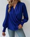 Kadın Uzun Kollu Dökümlü Kruvaze Yaka Kol Ucu Gipeli Sandy Lacivert Bluz