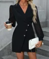 Kadın Uzun Kollu Eteği Düğme Kolu Tül Detay Ithal Krep Ceket Yaka Mini Elbise