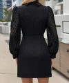 Kadın Uzun Kollu Eteği Düğme Kolu Tül Detay Ithal Krep Ceket Yaka Mini Elbise