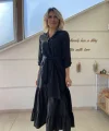 Kadın Uzun Kollu Eteği Fırfırlı Beli Kuşaklı Trikoton Tam Boy Gömlek Elbise