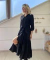 Kadın Uzun Kollu Eteği Fırfırlı Beli Kuşaklı Trikoton Tam Boy Gömlek Elbise