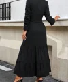 Kadın Uzun Kollu Eteği Fırfırlı Beli Kuşaklı Trikoton Tam Boy Gömlek Elbise