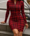 Kadın Uzun Kollu Fermuarlı Ekose Baskılı Dalgıç Elbise