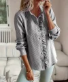 Kadın Uzun Kollu Fırfır Yakalı önden Düğmeli çizgili Burgu Gömlek