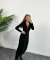 Kadın Uzun Kollu Full Fermuar Detay Ottoman Kumaş axi Boy Kalem Elbise