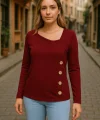 Kadın Uzun Kollu Geometrik Yaka Detay Yandan Düğmeli Viskon Iki Iplik Bluz