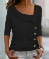 Kadın Uzun Kollu Geometrik Yaka Detay Yandan Düğmeli Viskon Iki Iplik Bluz