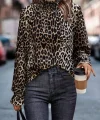 Kadın Uzun Kollu Gipe Detaylı Balıkçı Yaka Leopar Desenli Süprem Bluz
