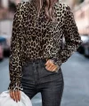 Kadın Uzun Kollu Gipe Detaylı Balıkçı Yaka Leopar Desenli Süprem Bluz