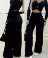 Kadın Uzun Kollu Göğüs Dekolteli Ithal Krep Bluz Ve Pantolon Ikili Takım