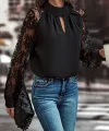Kadın Uzun Kollu Göğüs Pencere Detay Yaka Boğazlı Kolları Tüllü Sandy Bluz