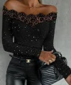 Kadın Uzun Kollu Güpürlü Madonna Yaka Taşlı Mikro Bluz