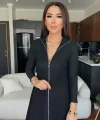 Kadın Uzun Kollu Hakim Yaka Ayarlanabilir Fermuar Dekolteli Mini Elbise