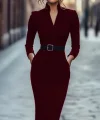 Kadın Uzun Kollu Hakim Yaka Beli Kemerli Cepli Midi Ithal Krep Elbise