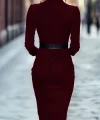 Kadın Uzun Kollu Hakim Yaka Beli Kemerli Cepli Midi Ithal Krep Elbise