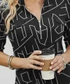 Kadın Uzun Kollu Hakim Yaka Yakadan Fermuarlı Geometrik Desenli Süprem Bluz