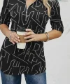 Kadın Uzun Kollu Hakim Yaka Yakadan Fermuarlı Geometrik Desenli Süprem Bluz